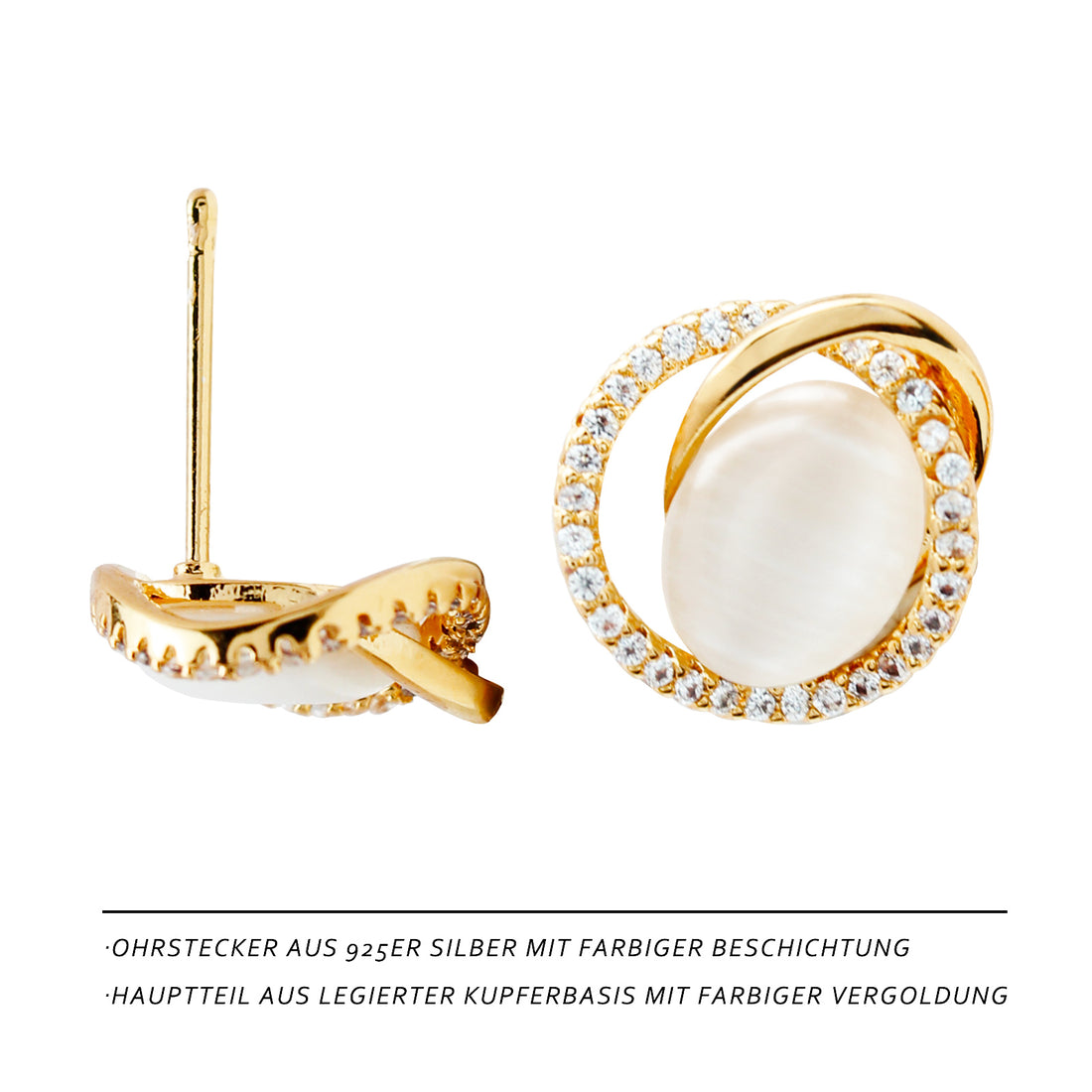 Cat’s Eye Stone Earrings – 14K Gold Plated with Sparkling Zirconia, Elegant & Feminine Jewelry for Everyday and Party Wear