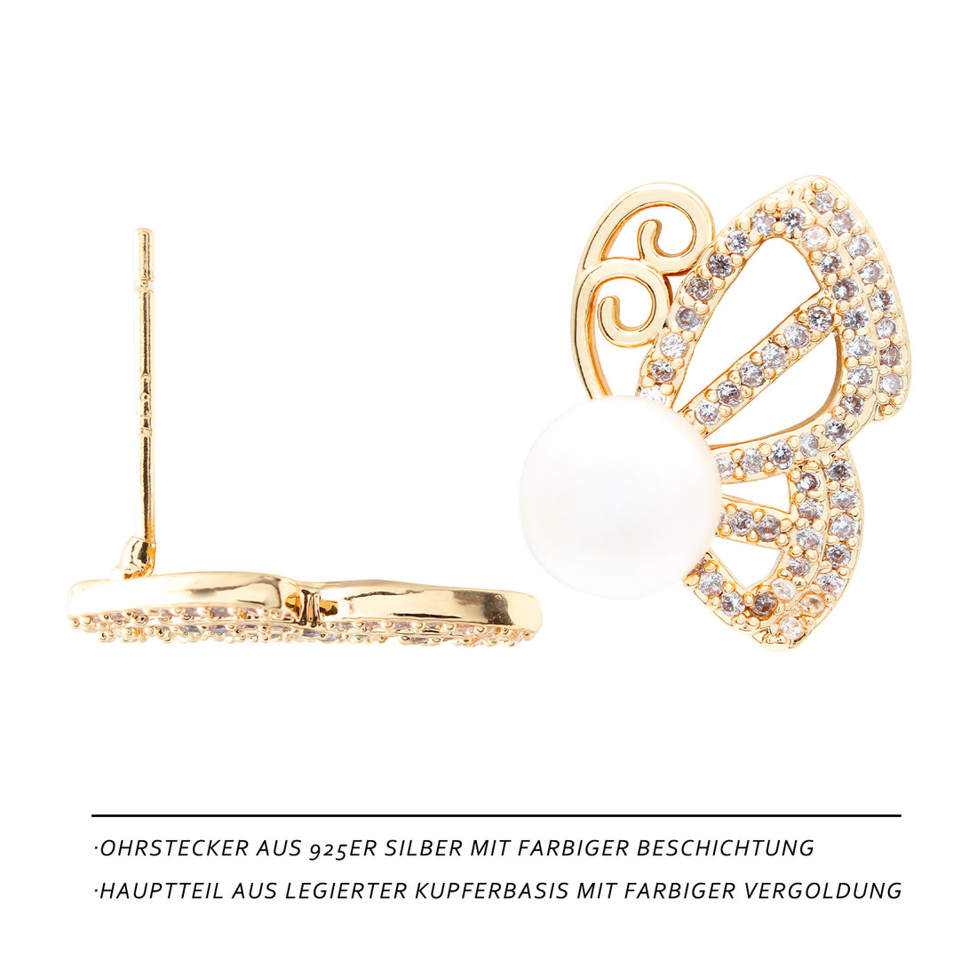Sternenflügel Perlenohrringe – Schmetterlingsform mit Zirkonia & Süßwasserperle, 14K vergoldete Kupferlegierung, eleganter Schmuck im Sternenhimmel-Design für Frauen