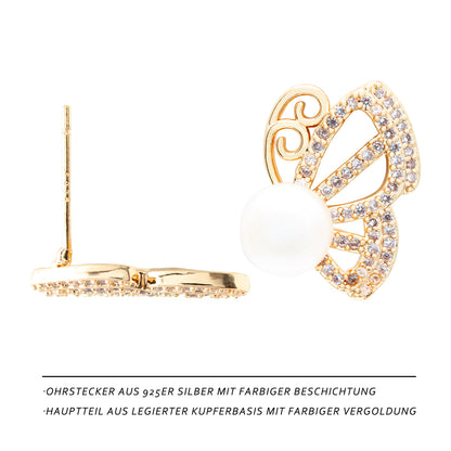Sternenflügel Perlenohrringe – Schmetterlingsform mit Zirkonia & Süßwasserperle, 14K vergoldete Kupferlegierung, eleganter Schmuck im Sternenhimmel-Design für Frauen