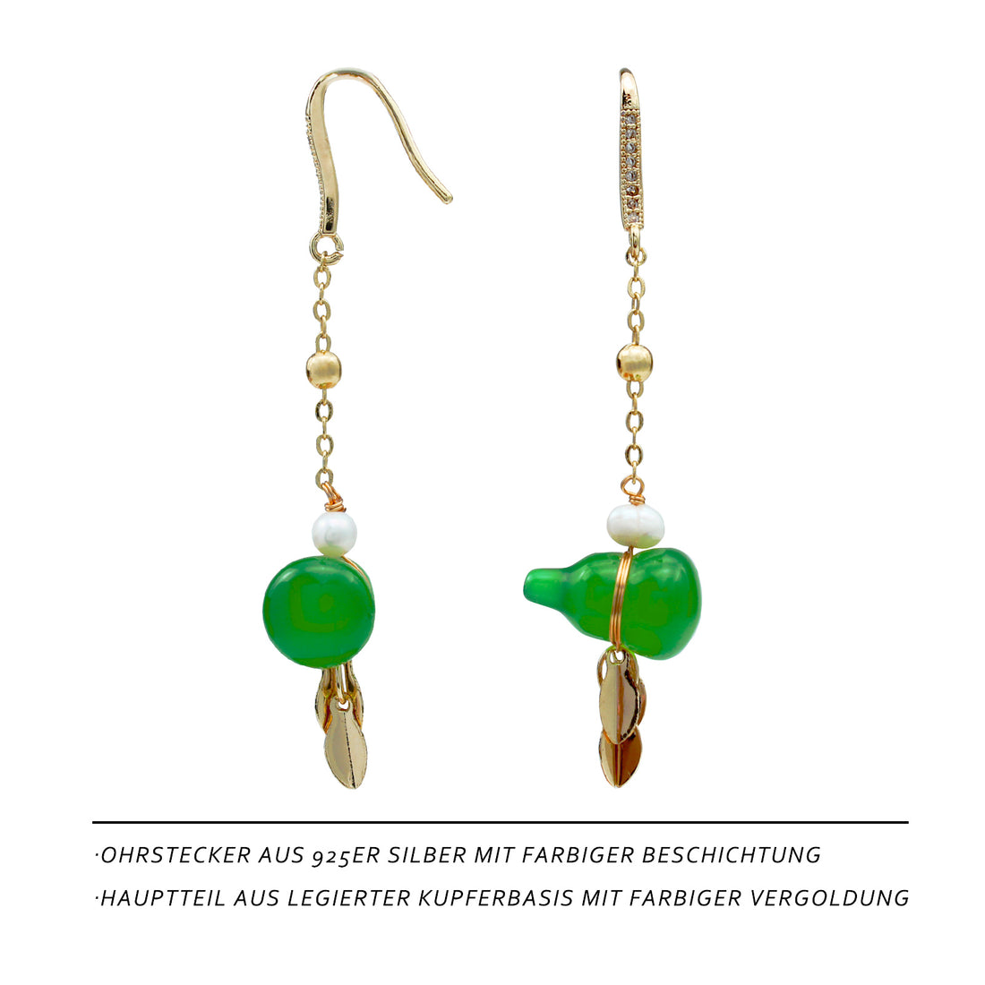 Chinesische Agate Kürbis Ohrringe – Grüner Achat, Süßwasserperle & 14K Vergoldung, 925 Silberstift, Glückssymbol für Damen