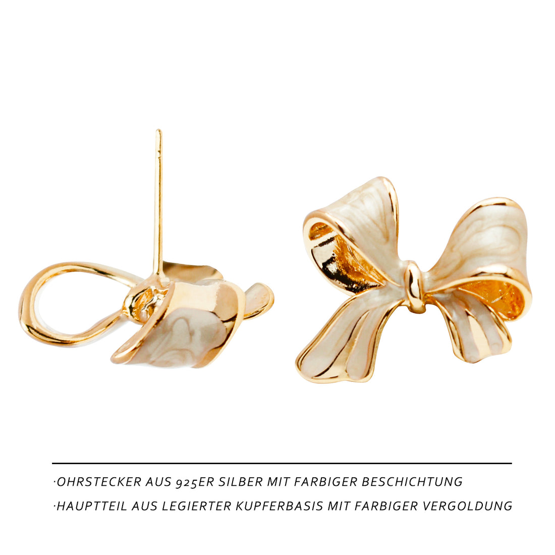 Vintage Bow Earrings in Cream White – 14K Gold Plating & Enamel, Elegant Jewelry for Women, Ideal for Lolita & Princess Look, Party & Everyday
