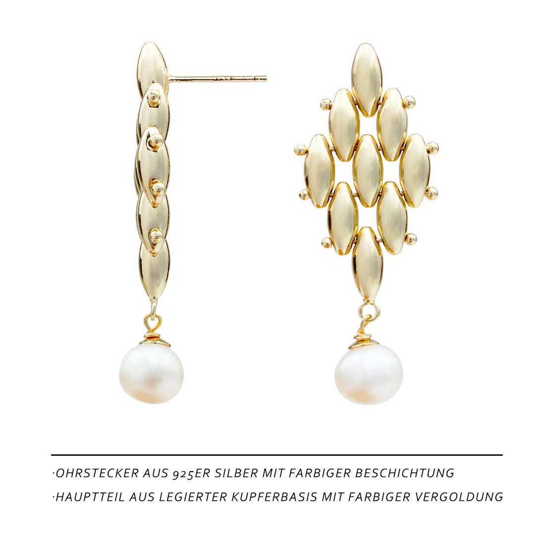 Elegante bewegliche Ohrringe mit Süßwasserperle – 14K vergoldete goldene Tropfen, 925 Silberstecker, Statement Ohrschmuck für Feste & Partys