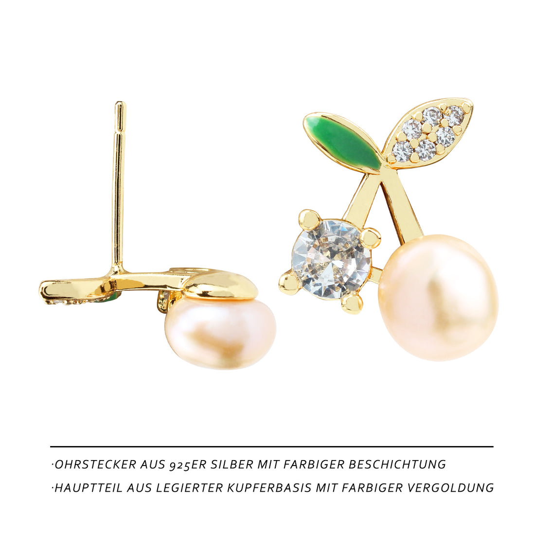 Cherry Pearl Stud Earrings – 14K Gold-Plated Cute Earrings with Freshwater Pearl & Sparkling Zirconia 🍒✨
