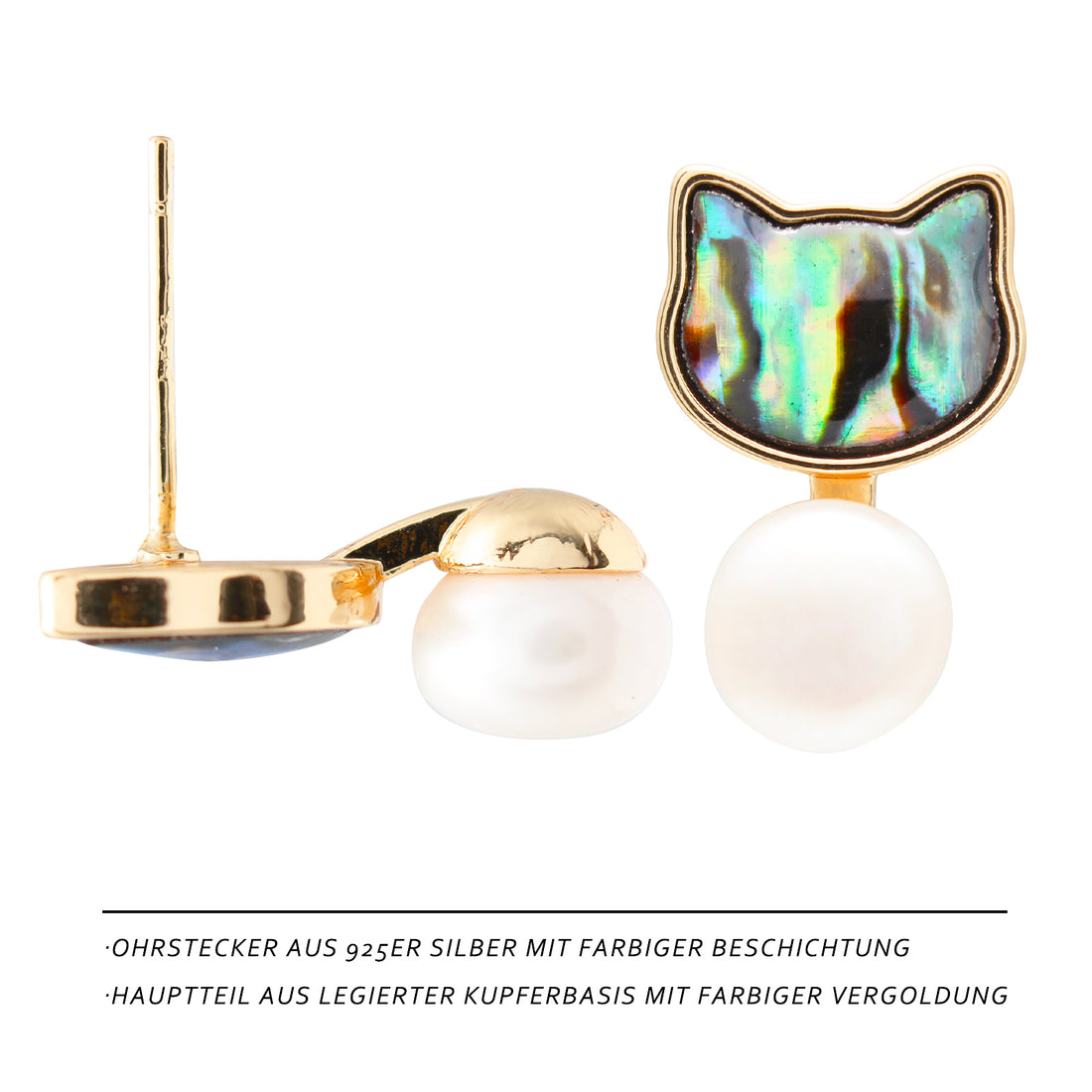 Fantasia Katze Perlen Ohrstecker – Abalone Katzenkopf mit Süßwasserperle, 14K vergoldet & 925 Silberstecker, süßes hypoallergenes Design für junge Frauen