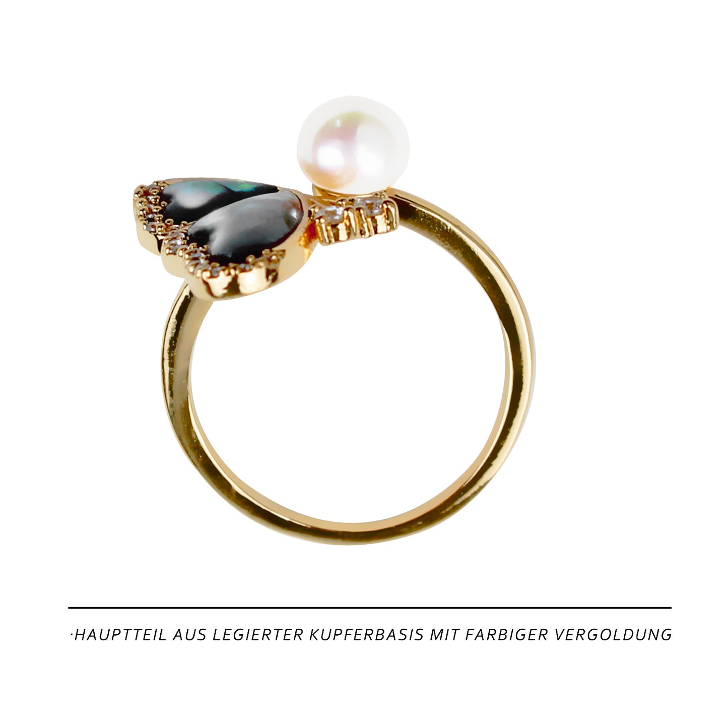 Schmetterling Perlenring – Offener Verstellbarer Ring mit Grüner Abalone & Süßwasserperle, 14K Vergoldet, Eleganter Damenring