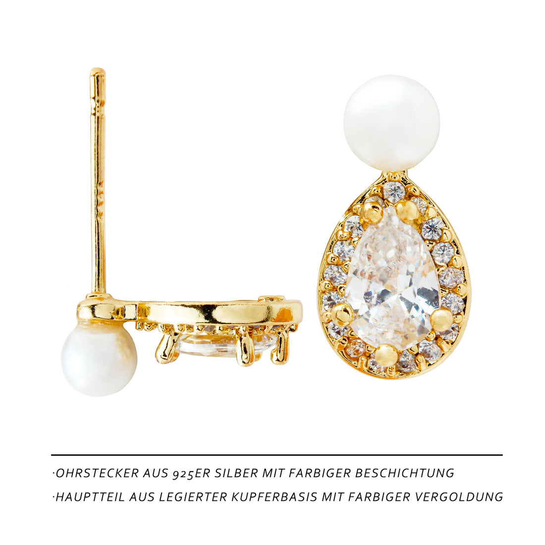 Dewdrop Pearl Stud Earrings – 14K Gold Plated Drop Earrings with Zirconia & 925 Silver Posts, Elegant Jewelry for Women