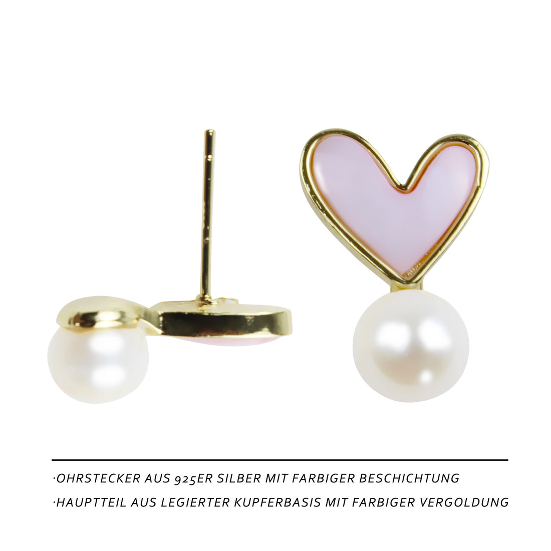 Erste Liebe Perlenohrringe – Rosa Herz mit Süßwasserperle, handgemalt, 14K vergoldete Kupferlegierung, süßes & romantisches Design für Alltag und besondere Momente