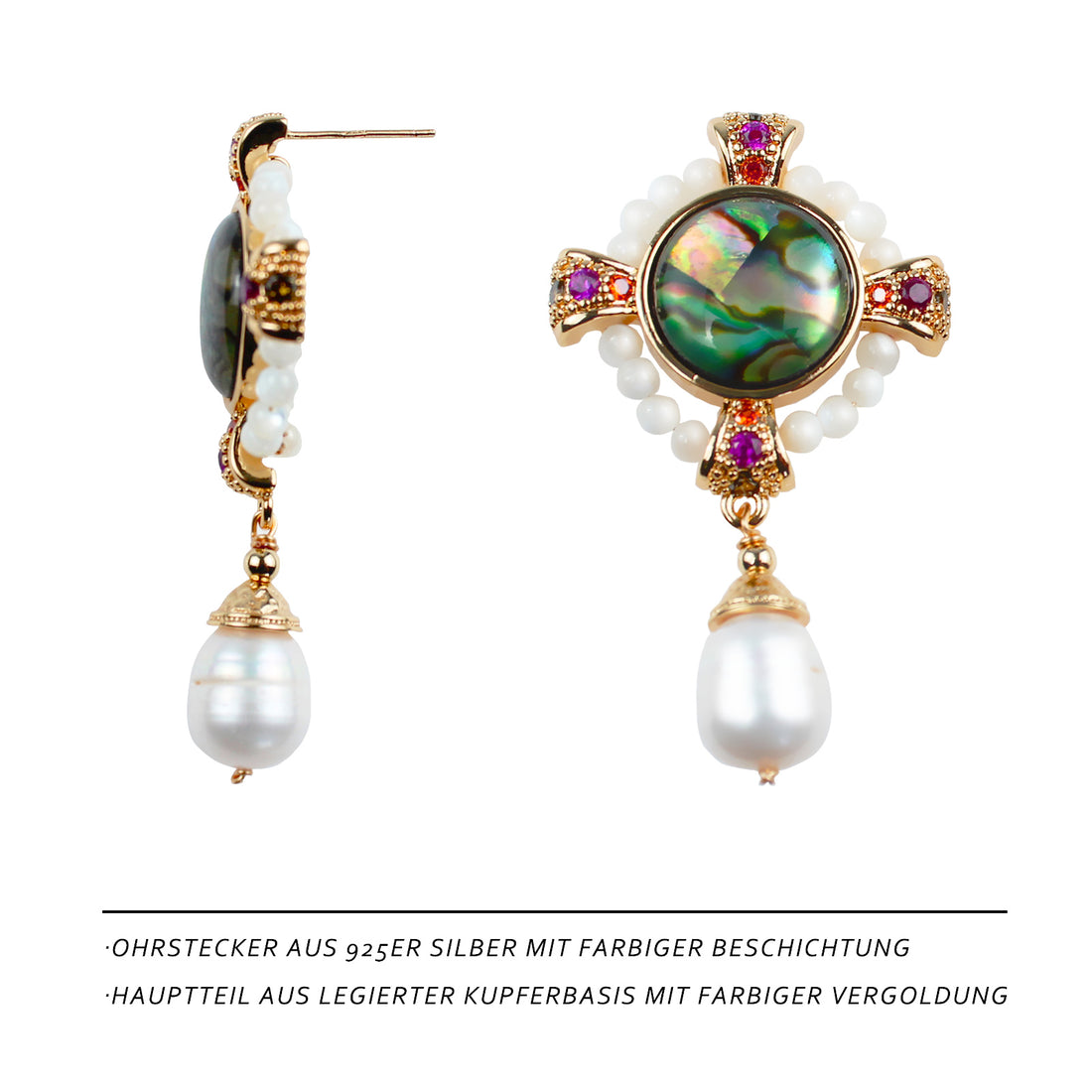 Vintage Abalone Perlenohrringe mit bunten Edelsteinen – 14K vergoldet, Extravagantes Design für Tanz & Feste