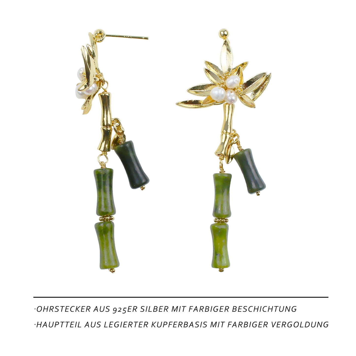 Perlenohrring mit Jade-Bambusdesign – 14K vergoldet, 925 Silberstift, elegante handgefertigte Ohrringe für Frauen, hypoallergen und stilvoll