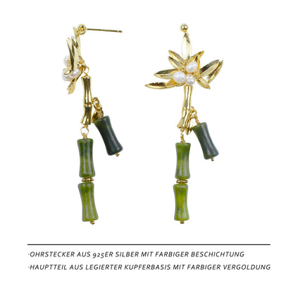 Perlenohrring mit Jade-Bambusdesign – 14K vergoldet, 925 Silberstift, elegante handgefertigte Ohrringe für Frauen, hypoallergen und stilvoll