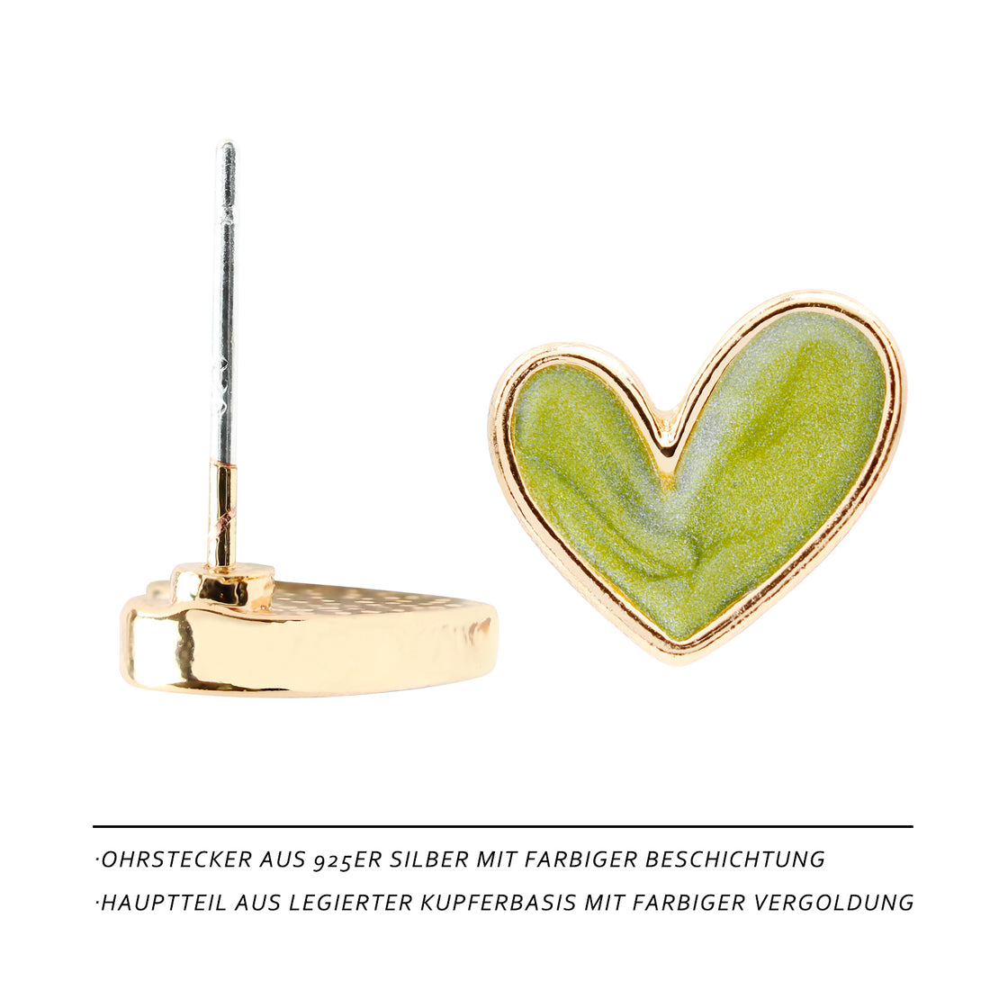 Heart-Shaped Stud Earrings in Matcha Green – Enamel Design, 14K Gold Plated, Sweet Look for Women