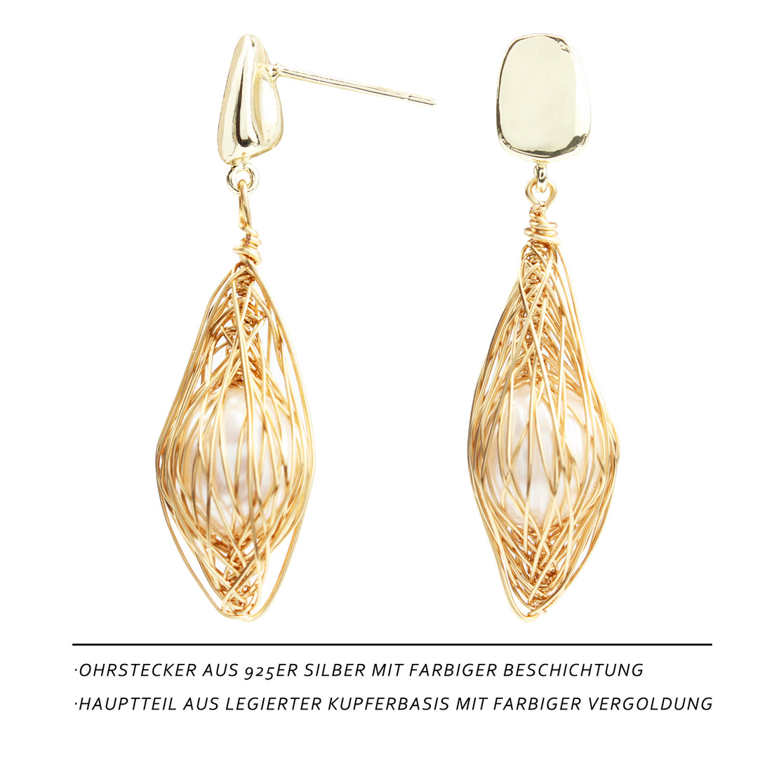 Spindle Pearl Stud Earrings – Handcrafted 14K Gold-Plated Earrings with Freshwater Pearl & Elegant Wire Design ✨