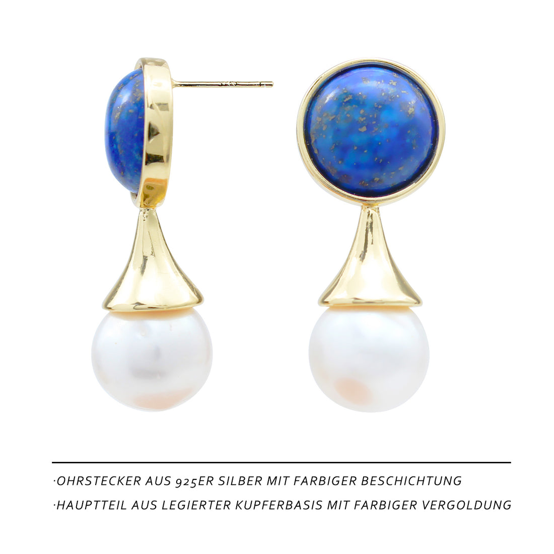 Elegante Lapislazuli-Perlen Ohrstecker – 14K vergoldet, 925 Silberstifte, französisches Tropfen-Design, hypoallergen & luxuriös