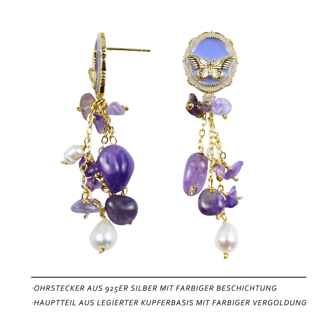 Amethyst Perlenohrringe im Schmetterlingsdesign – 14K Vergoldet, Feine Kristalle & Süßwasserperlen, Eleganter Schmuck für Bälle und Anlässe