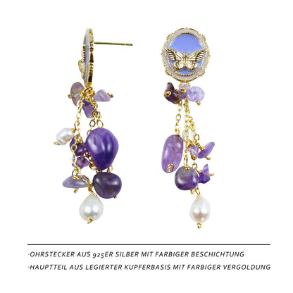 Amethyst Perlenohrringe im Schmetterlingsdesign – 14K Vergoldet, Feine Kristalle & Süßwasserperlen, Eleganter Schmuck für Bälle und Anlässe